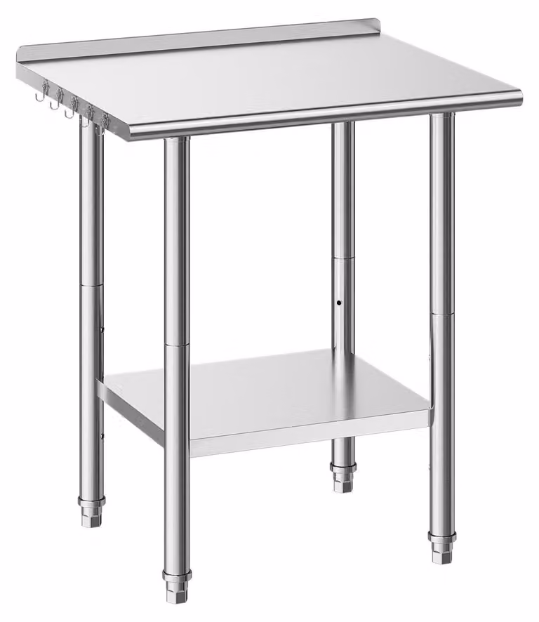 Tavolo da lavoro in acciaio inossidabile, 61x76 cm, tavolo per la preparazione di alimenti con schienale, postazione di lavoro per cucina professionale con ripiano inferiore regolabile, robusto tavolo da lavoro in metallo, ideale per uso esterno nei risto