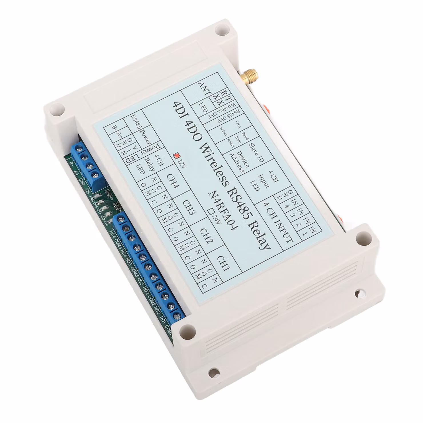 Modulo relè radio a 4 canali 4DI 4DO 433M RS485 Trasmettitore-ricevitore relè con antenna DC 12V