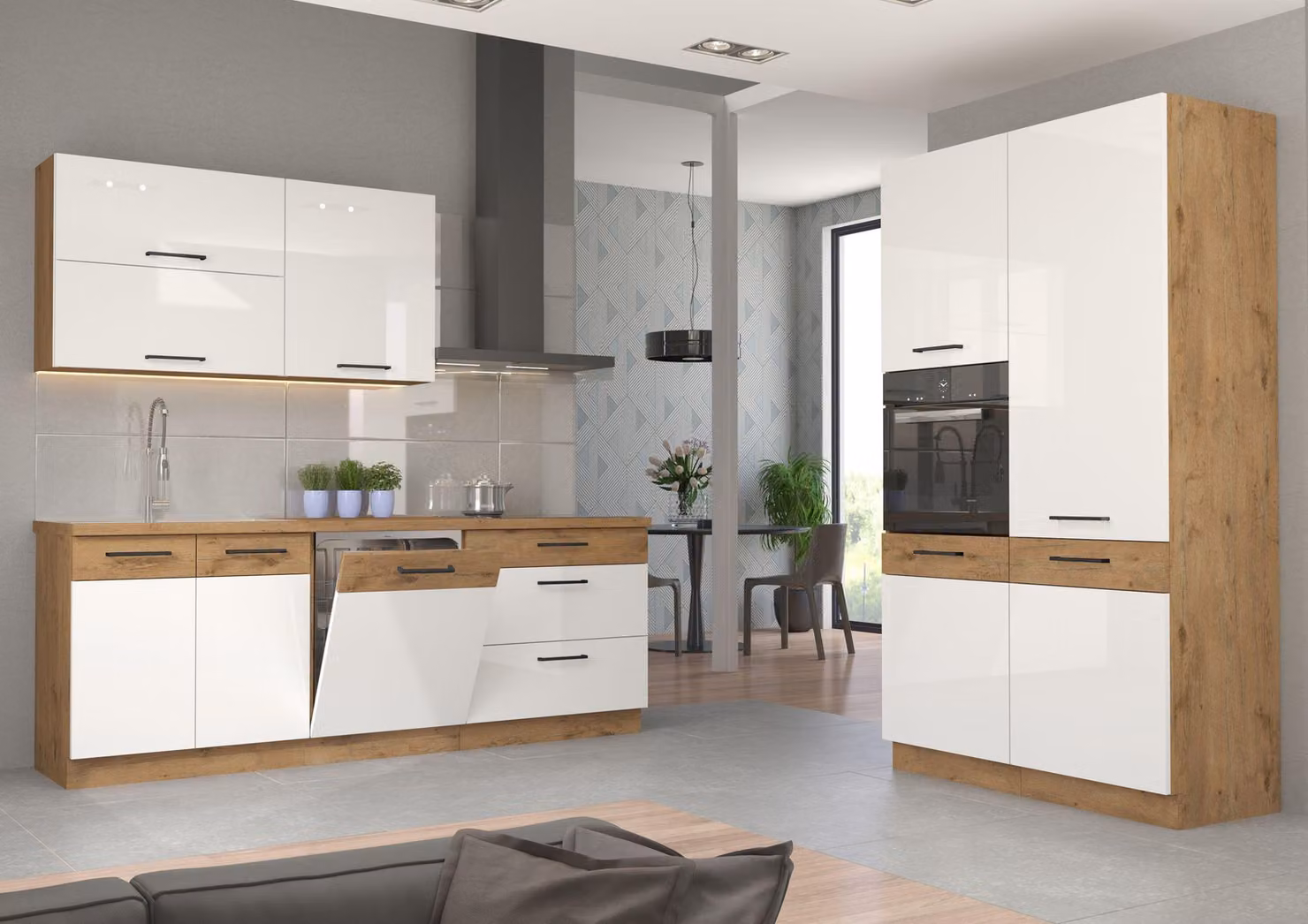 Cucina VIGO bianco lucido Lancelot 220 + 120, linea cucina, blocco cucina, cucina componibile