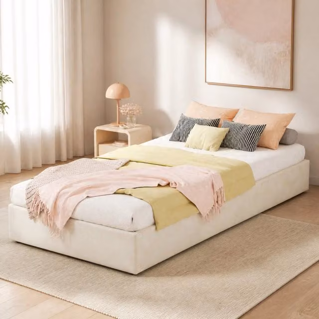 Letto contenitore Mivray per bambini con testiera imbottita in tessuto beige L/P: 90 x 200 cm