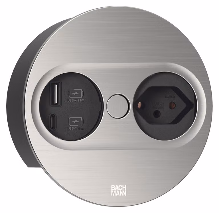 BACHMANN TWIST2, 1 presa, 1 porta USB A/C, 22W, lunghezza 2,0 metri, finitura acciaio inossidabile, design rotondo