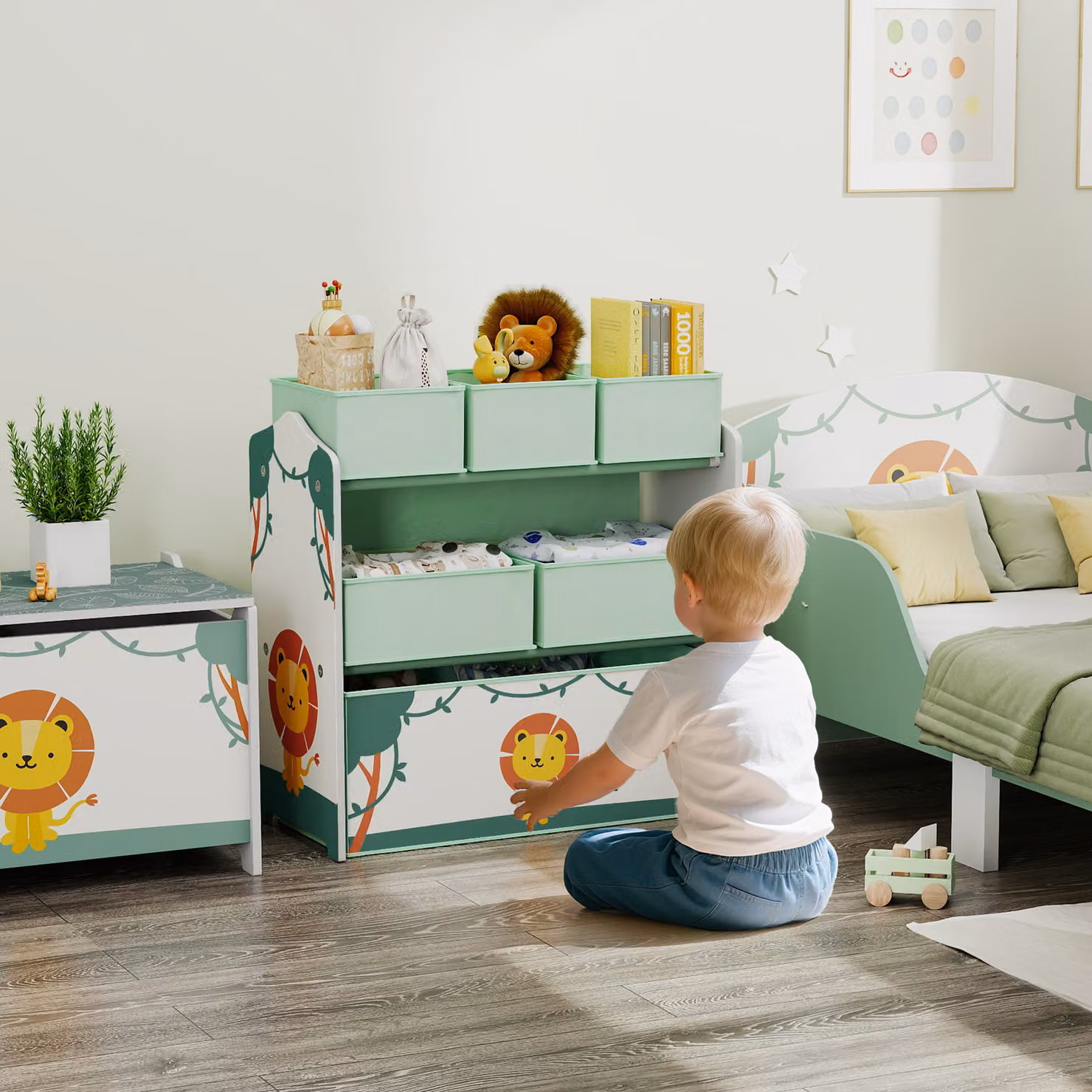 Scaffale Portagiochi AIYAPLAY per Bambini a 3 Livelli con 6 Contenitori in Tessuto Rimovibili, Mobile Verde per Camera da Letto, Soggiorno e Sala Giochi – 2