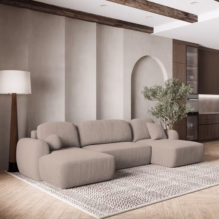 Divano angolare SAVONA P di Masseno con funzione letto a U, divano con box letto, divano da soggiorno, divano, divano letto, set di divani - beige, POSO 02
