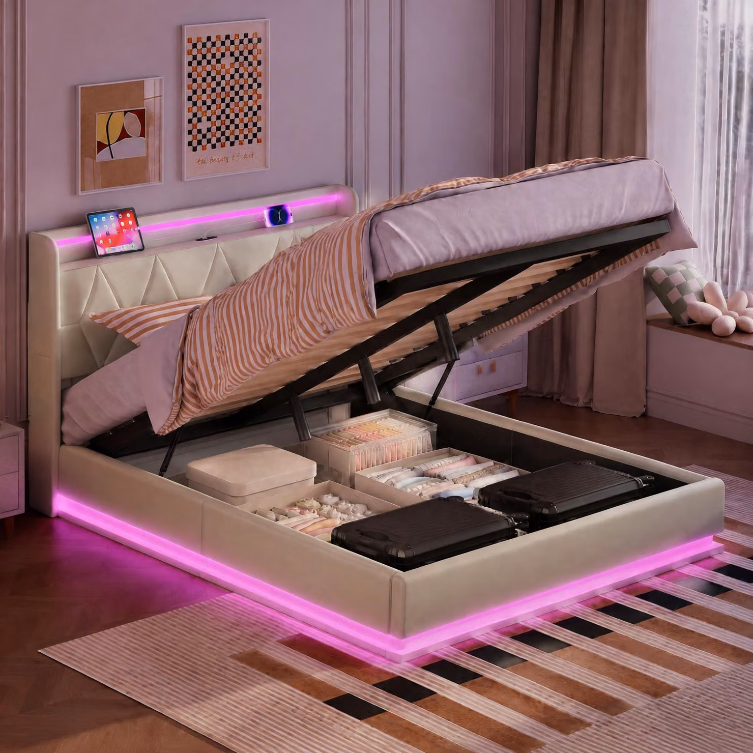 Letto imbottito INONEFT, modello boxspring, 140x200 cm, con LED e USB, letto con sistema di sollevamento idraulico e contenitore, struttura letto con rete a listelli/contenitore, tessuto in velluto, colore beige