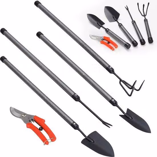 Set di 5 utensili da giardino Unyqoos®, in acciaio inossidabile, con manico regolabile e prolunghe (fino a 16 mm) – paletta da giardino, zappa manuale, sradicatore di erbacce, forbici da giardino