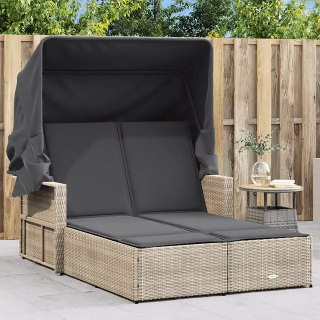 Lettino Doppio Baldacchino e Cuscini Grigio Chiaro Polyrattan 365812