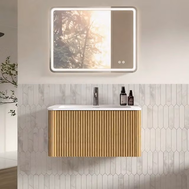 Set mobile bagno con specchio, lavabo 80 cm con sottolavabo e pensile a muro, preassemblato, colore quercia, specchio LED 60x80 cm senza cornice, montaggio orizzontale o verticale