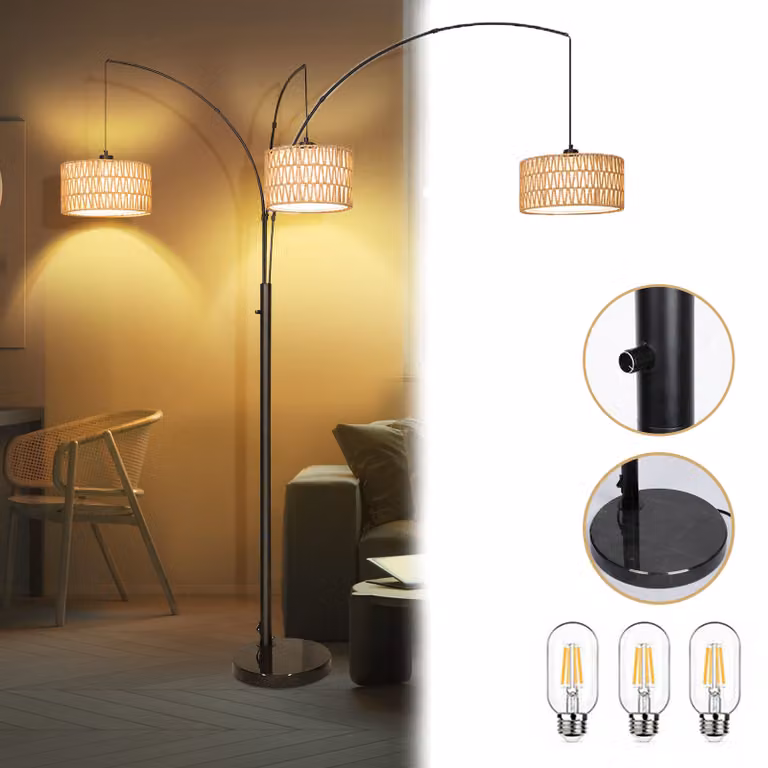 Lampada da terra in rattan stile boho a 3 luci, lampada da terra a forma di albero con lampadina da 6 W, lampada ad arco con interruttore a quattro posizioni, lampade da terra vintage per la camera da letto