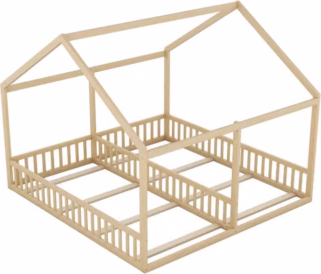 Letto singolo 90x200 cm in legno di pino e MDF, modello casa 2-in-1 con protezioni laterali, colore naturale