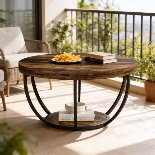 Tavolino basso rotondo OKWISH a 2 livelli con piano in legno marrone e base in metallo, stile rustico per soggiorno e ufficio – 1