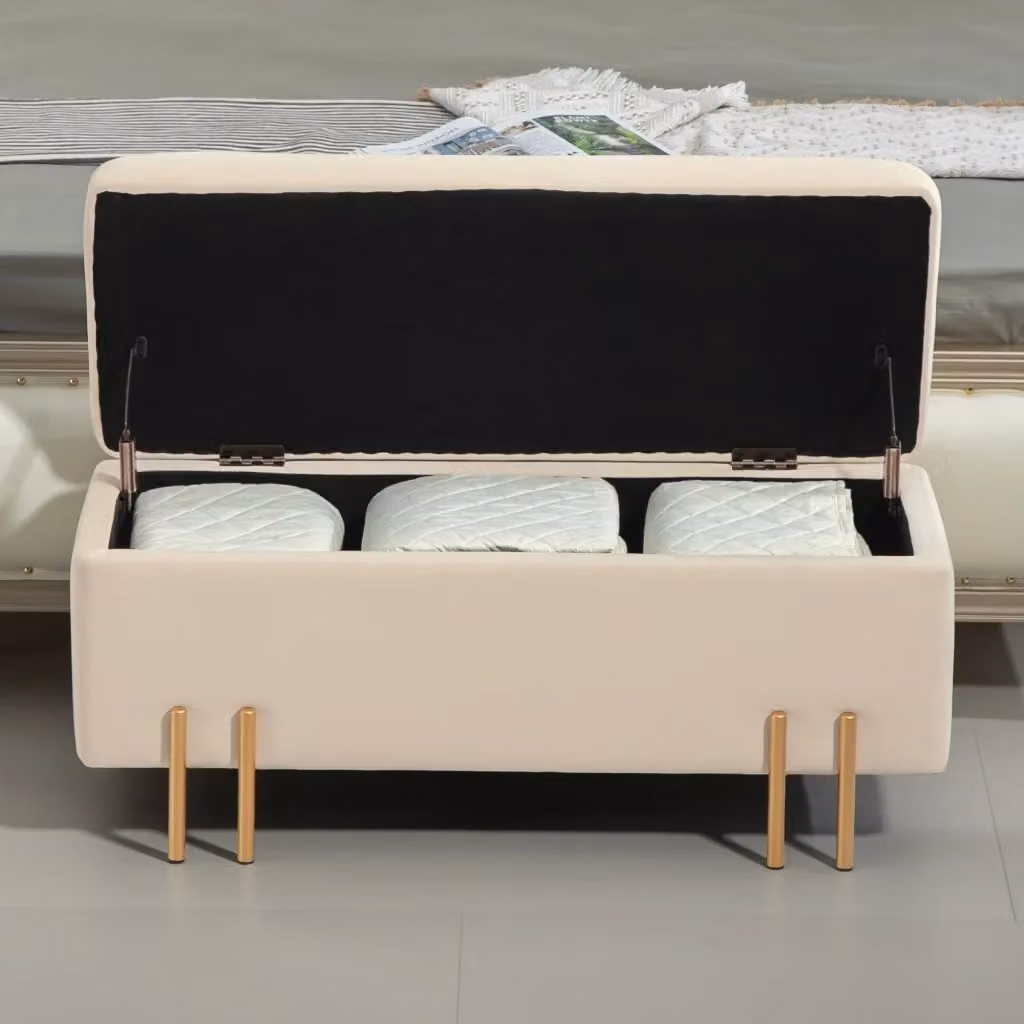 Panca contenitore OKWISH con seduta imbottita in tessuto e struttura in legno e metallo, beige, L: 100 cm, P: 40 cm, H: 42 cm – 2