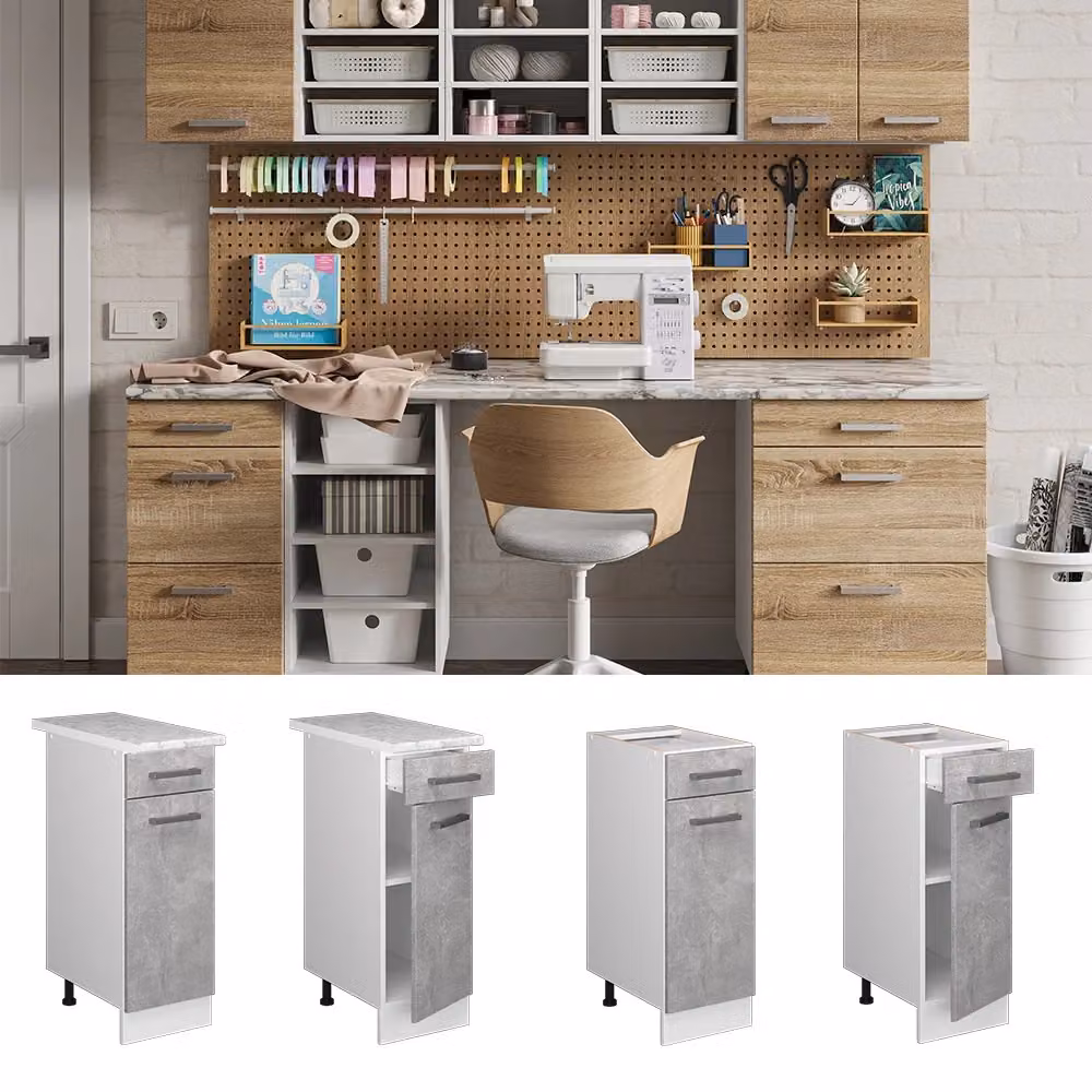 Base universale R-Line Vicco in calcestruzzo con cassetto e piano di lavoro, grigio e bianco – 2