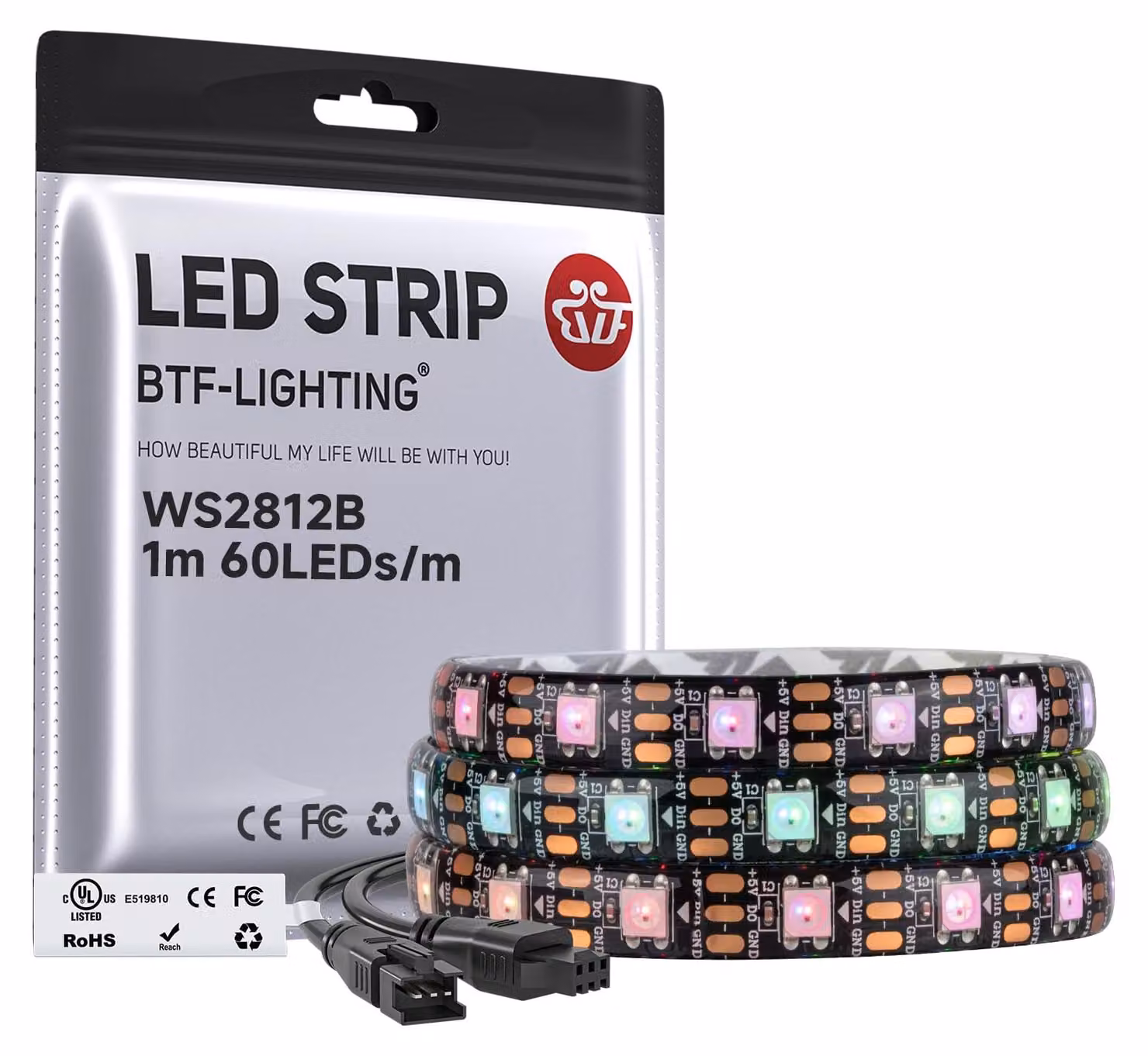 Striscia LED WS2812B, 1 metro, 60 LED/metro, RGB, grado di protezione IP65, colore nero