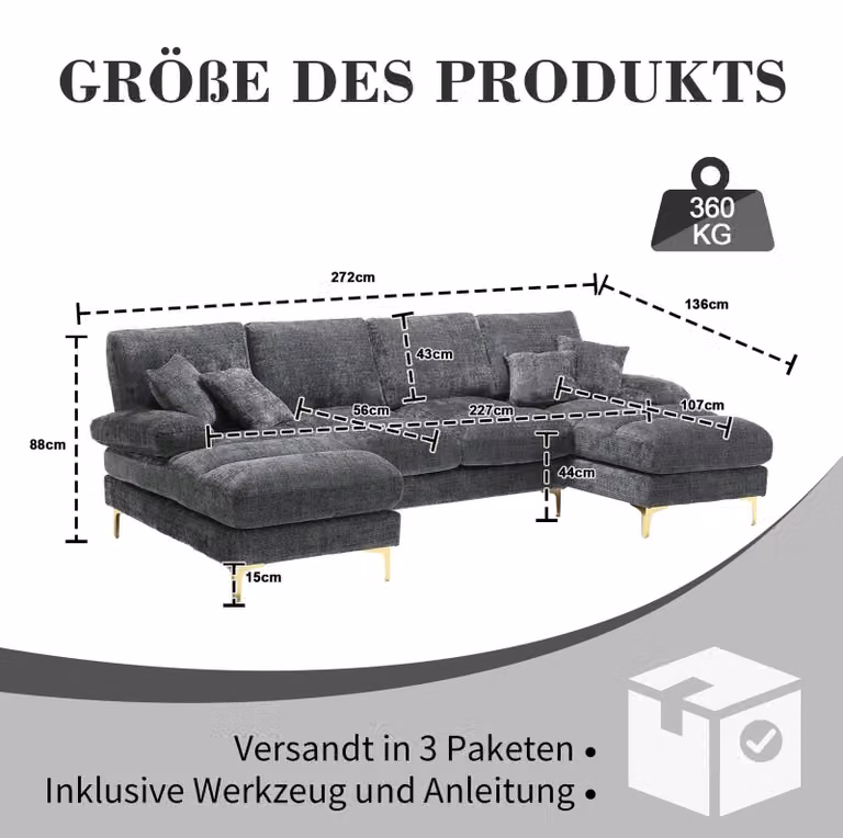 Divano angolare - Divano lounge - Angolo relax - Divano modulare - Grigio scuro - Tessuto chenille di alta qualità