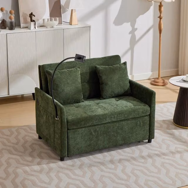Divano letto moderno con porta USB e supporto tablet in tessuto di lino spazzolato verde 109 × 72 × 83,5 cm