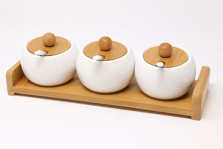 Omgoods - Set di 3 contenitori impilabili per chutney, con coperchio in legno e vassoio