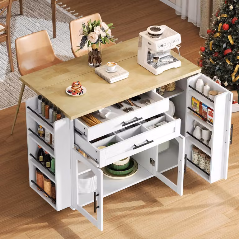 Isola da cucina con piano di lavoro ribaltabile, 5 ruote, ante in vetro, cassetto, colore bianco, dimensioni 120x45(70)x90 cm