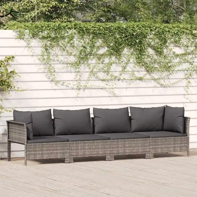 Set da giardino moderno vidaXL a forma di L composto da 4 pezzi con divano a 3 posti, elemento angolare e cuscini in tessuto grigio con struttura in metallo e rattan