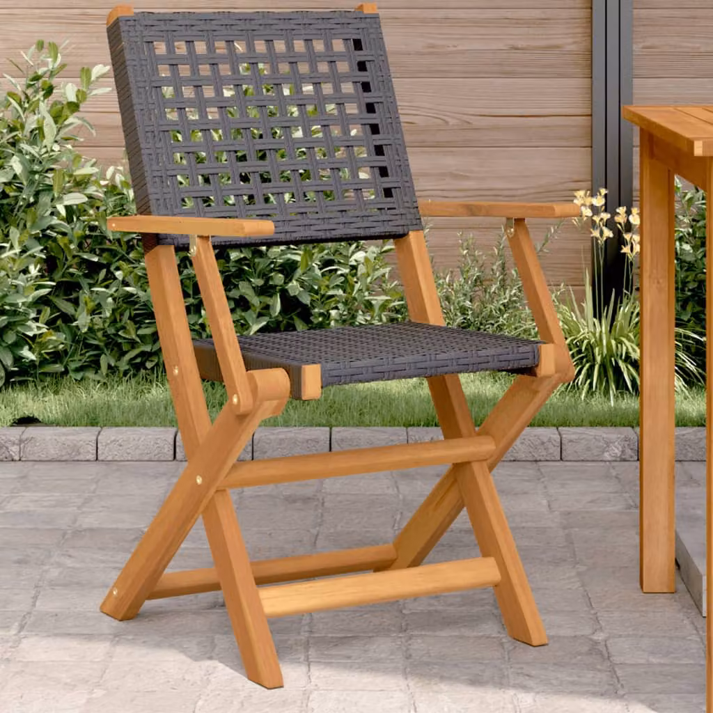 Set di 2 sedie pieghevoli vidaXL in legno di acacia e polyrattan nero e marrone con braccioli per giardino e balcone