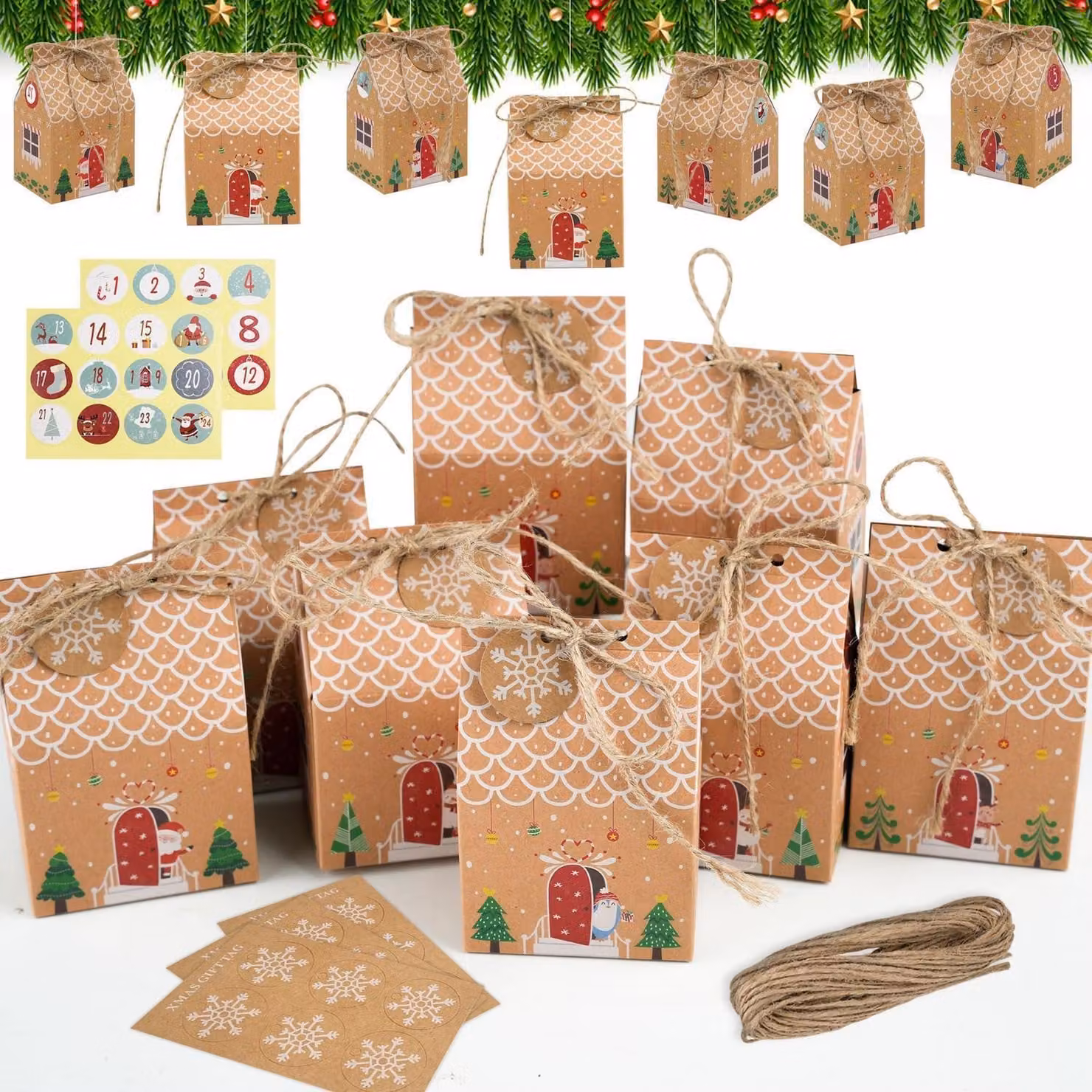 Calendario dell'Avvento da riempire, con 24 scomparti, numeri adesivi e corda di juta. Calendario di Natale fai-da-te per bambini e adulti