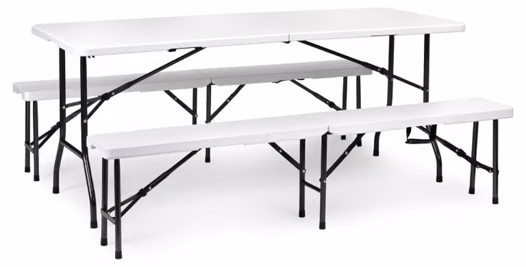 Set da catering con tavolo da banchetto da 180 cm e 2 panche, bianco, MultiGarden