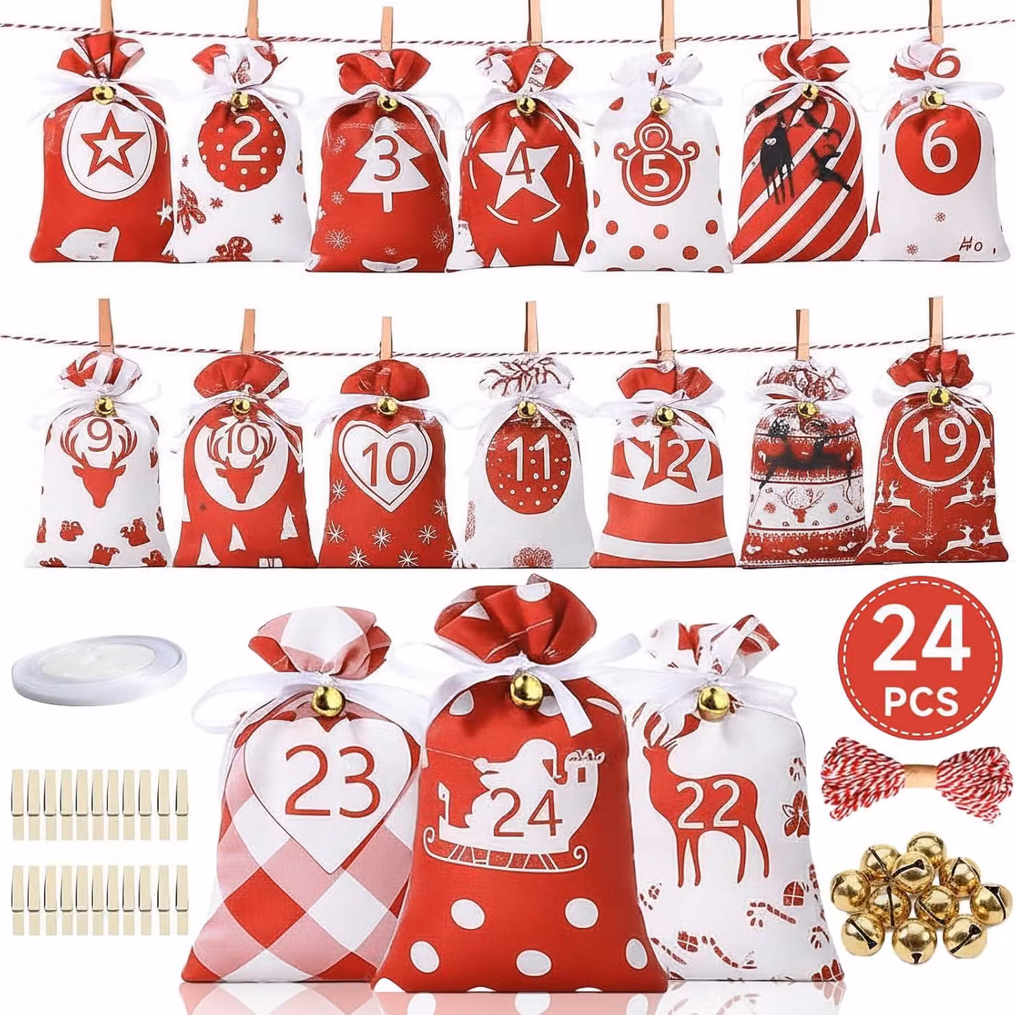Calendari dell'Avvento da riempire - Sacchetti riutilizzabili per il calendario dell'Avvento - Calendario di Natale fai-da-te - Sacchetti in tessuto