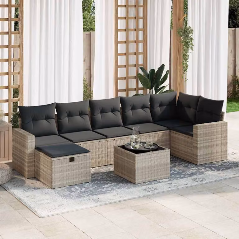 Set Divano da Giardino a L vidaXL in Polyrattan Grigio con 8 Pezzi e Cuscini
