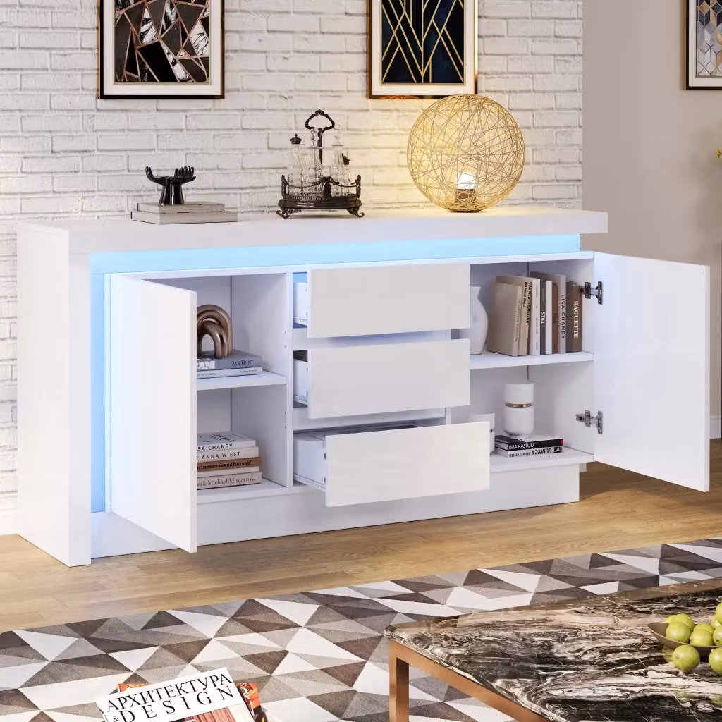 Credenza moderna con illuminazione LED per soggiorno, finitura lucida bianca, con 2 ante, 3 cassetti e ripiani regolabili, L 140 cm x P 35 cm x H 72 cm – 2