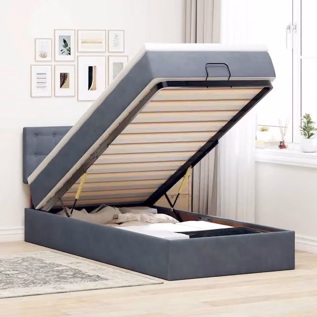Letto con contenitore a sollevamento e materasso in velluto vidaXL, L/P/H: 100 x 200 x 88 cm, Grigio e Bianco – 1