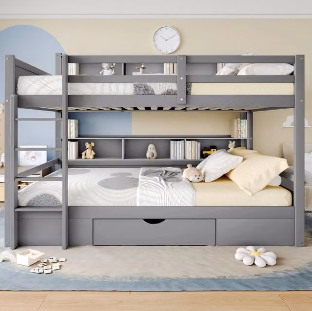 Letto a castello ULEVR 90x200 cm grigio con cassetto e vani laterali, struttura in pino e MDF