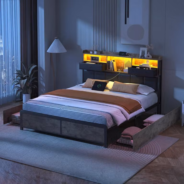 Letto imbottito INONEFT, 140x200 cm, con caricabatterie USB, letto con spazio contenitore, struttura letto matrimoniale con rete a doghe, letto contenitore con LED e 4 cassetti, rivestito in PU, colore nero
