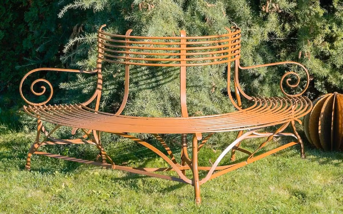 Casa Padrino Panca da giardino liberty marrone 180 x h. 88 cm - Panca da giardino forgiata a mano - Panca semicircolare in ferro battuto - Mobili da giardino in ferro battuto - Mobili da giardino barocchi e liberty