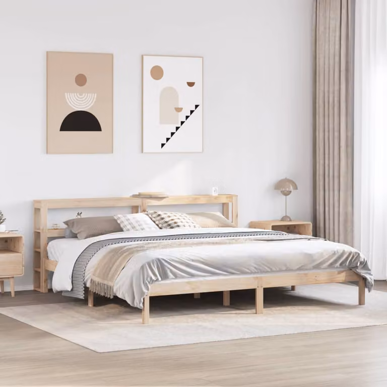 Letto in legno massello di pino vidaXL con ripiani laterali e doghe piatte, colore marrone, L/P/H: 180 x 200 x 82 cm