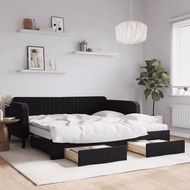 Divano Letto Estraibile vidaXL in Velluto Nero con Cassetto per Soggiorno e Camera da Letto L/P/H: 223 x 110 x 75 cm, Dimensioni Letto: 100 x 200 cm