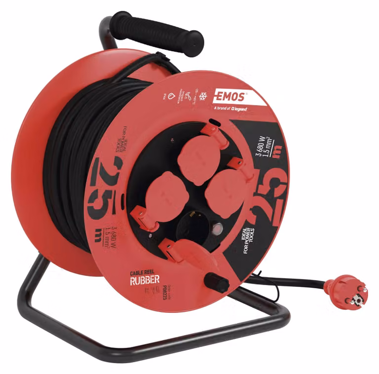Avvolgicavo professionale EMOS IP44, cavo da 25 m con 4 prese a terra, gomma da 1,5 mm2, per uso esterno, P08225