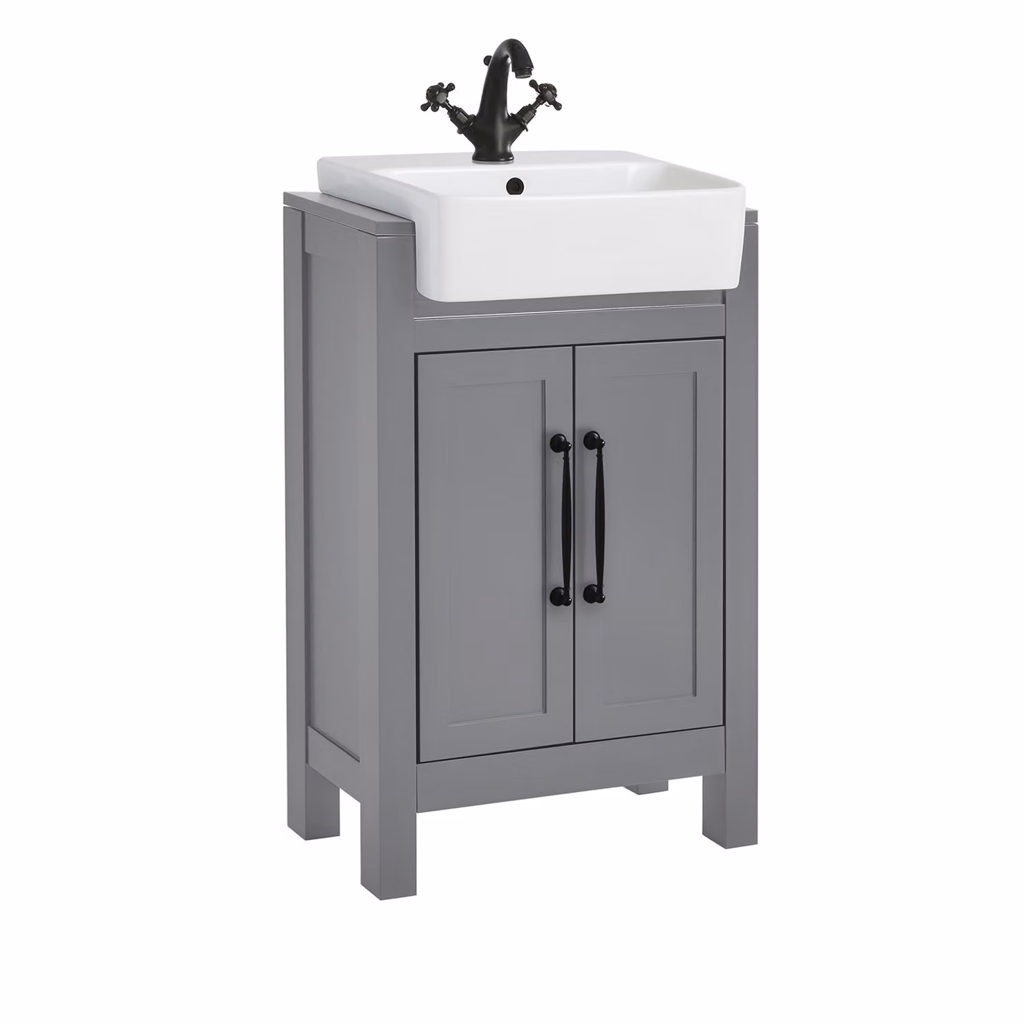 Mobile Bagno Grigio Chiaro da 550mm con Lavabo e Maniglie Classiche Nere con Barra a T - Warwick