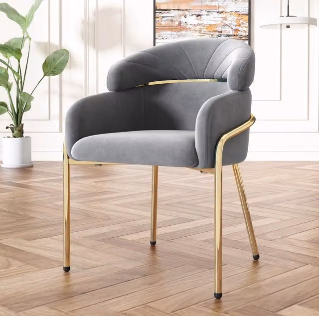 Sedia da pranzo in velluto grigio con quattro gambe in metallo