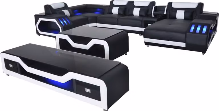 Leder Sofas Eck Garnitur Design Sofa Wohnlandschaft + Couch Tisch + RTV USB
