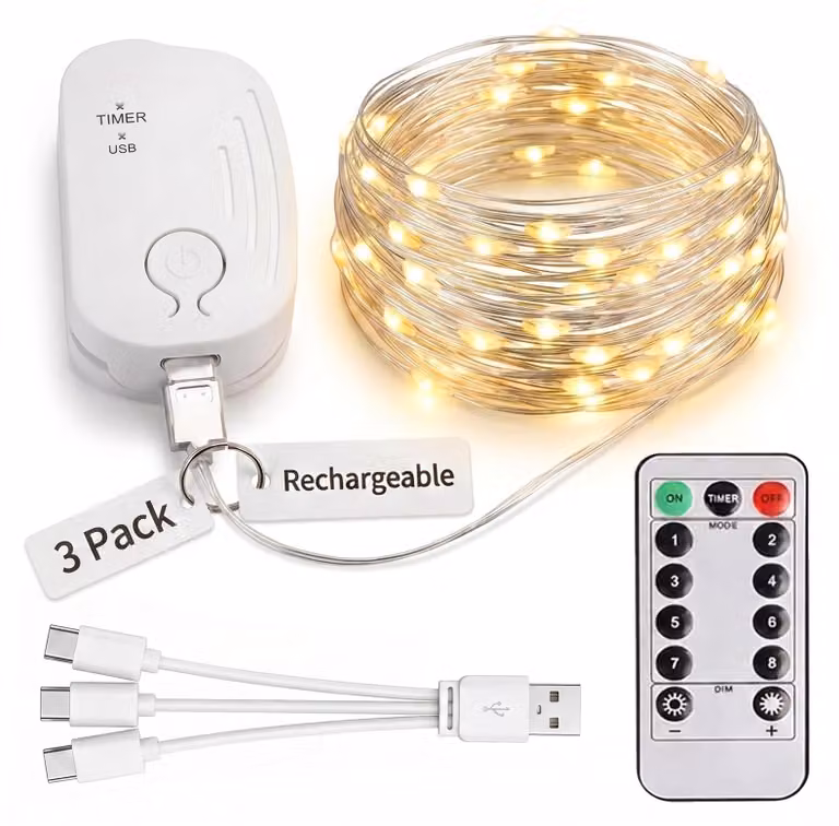 Catena luminosa da 5 metri, 50 LED, dimmerabile, luce bianca calda, alimentazione USB-C