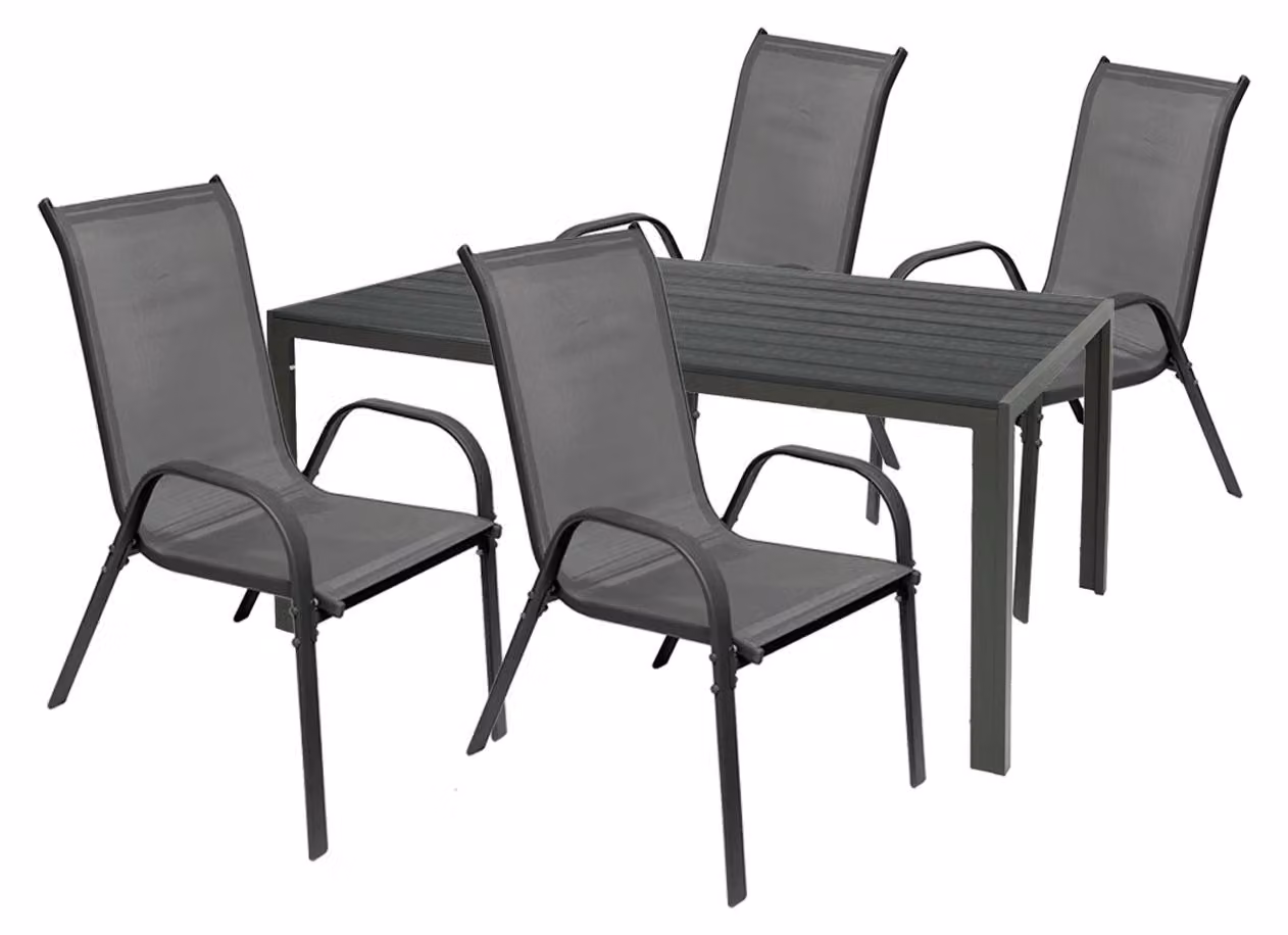 Set da giardino, mobili da esterno, 5 pezzi, 160x90 cm. Tavolo non in legno, sedie impilabili