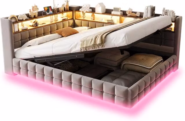 Divano letto 140x200 cm con contenitore idraulico; LED e prese USB/USB-C in velluto grigio chiaro