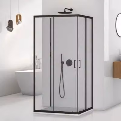 Box doccia Tay a 3 lati con doppio sistema scorrevole, forma rettangolare, colore nero opaco e vetro trasparente, L: 120 cm, P: 80 cm, H: 195 cm