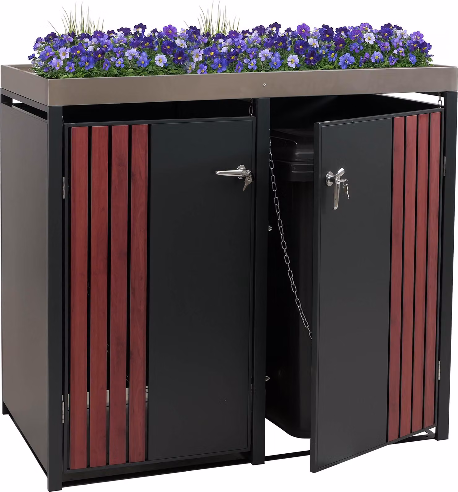 copri cestino a 2 scomparti HWC-O67, cestino con fioriera, metallo 125x132x84cm 55kg ~ look legno scuro antracite