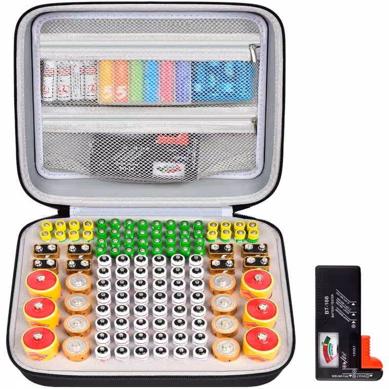 Organizzatore per batterie, borsa porta batterie con contenitore per 118+ batterie e tester integrato