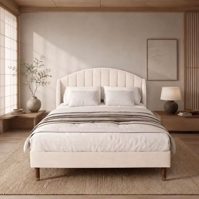 Letto imbottito 140x190 cm con rete a doghe e testiera in velluto beige