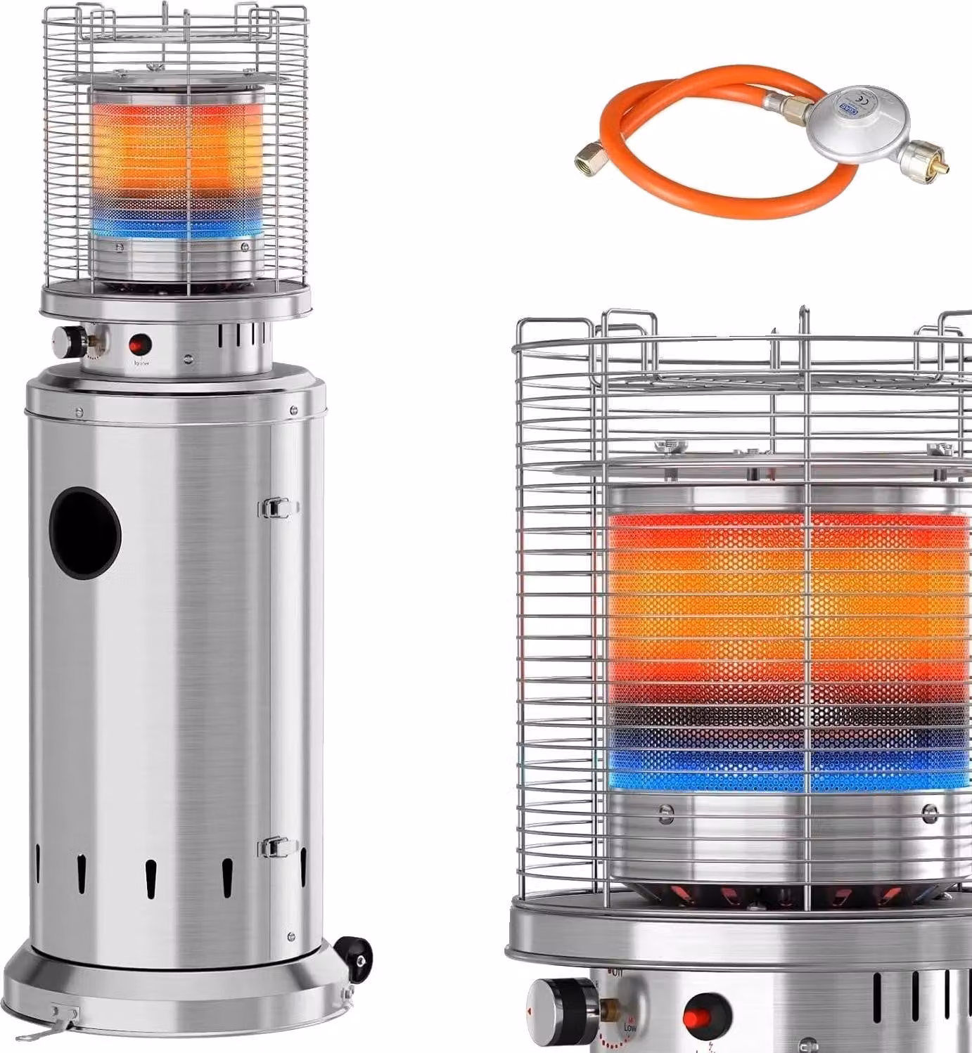 Riscaldatore da terrazza, bruciatore a gas da 6,5 kW, caratteristiche di sicurezza, argento