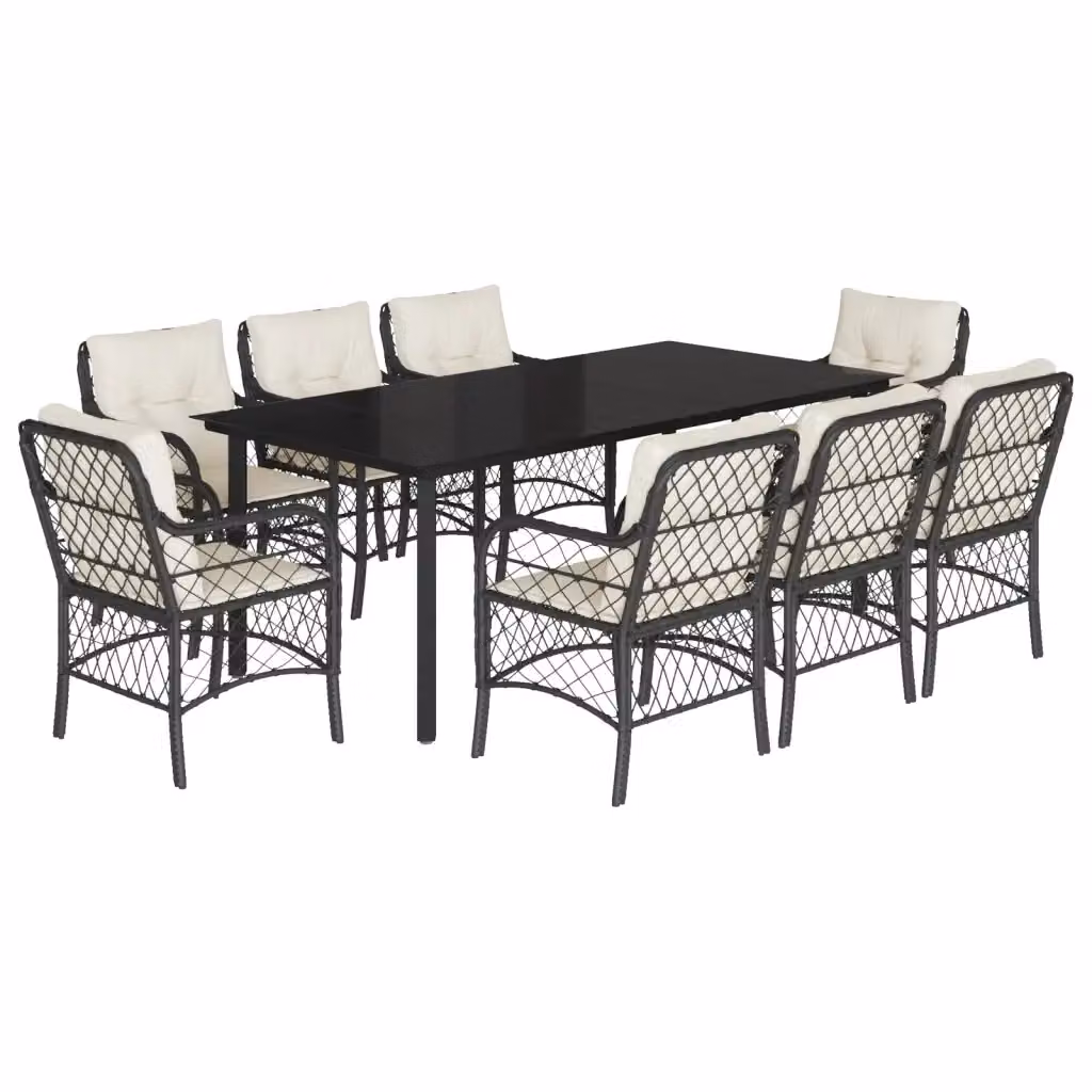 Set da Pranzo da Giardino vidaXL in Polyrattan Nero con Cuscini e Tavolo in Vetro, 9 Pezzi – 2