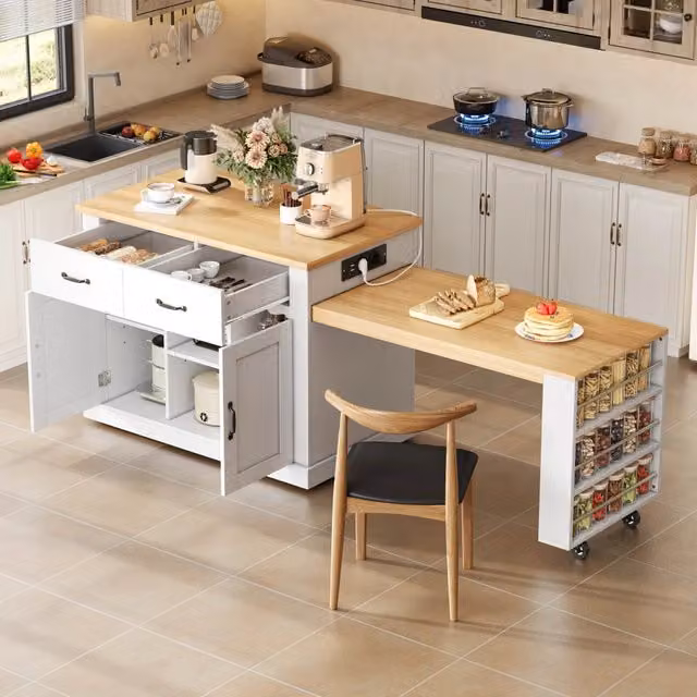 Isola Cucina Xylo con Tavolo Allungabile e Ripiani in Legno Rovere Bianco L/P/H: 132 x 60 x 93 cm