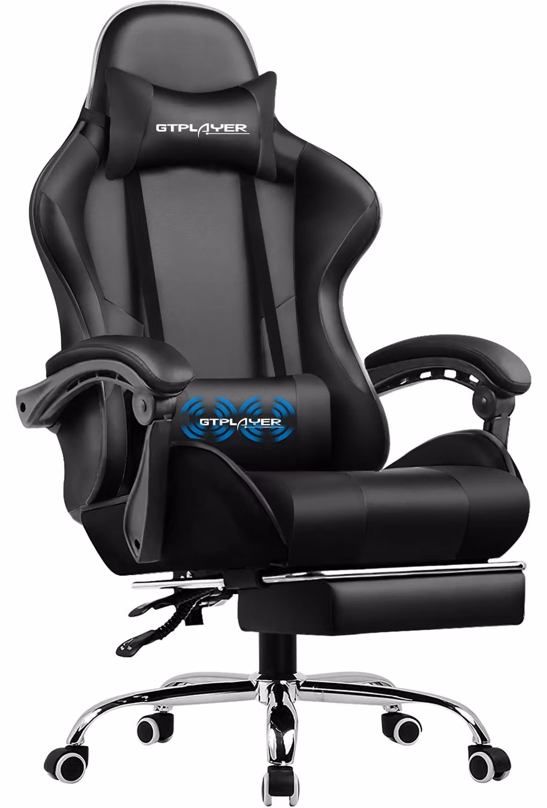 Sedia da gaming ergonomica - Sedia da ufficio - Funzione massaggio - Poggiapiedi estraibile - Regolabile in altezza - Cuscino lombare - Fino a 150 kg - Nero