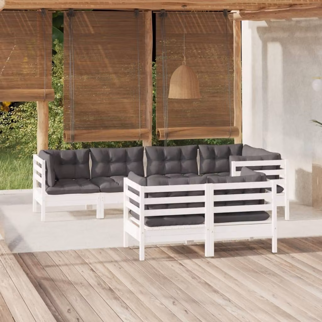 The Living Store Set da giardino 7 pezzi con cuscini in legno di pino massiccio bianco